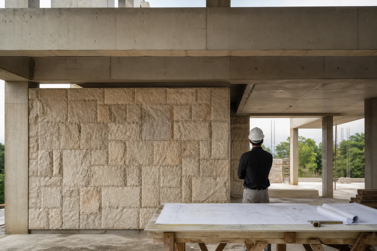 Architect inspecting precise stonework at a residential construction site