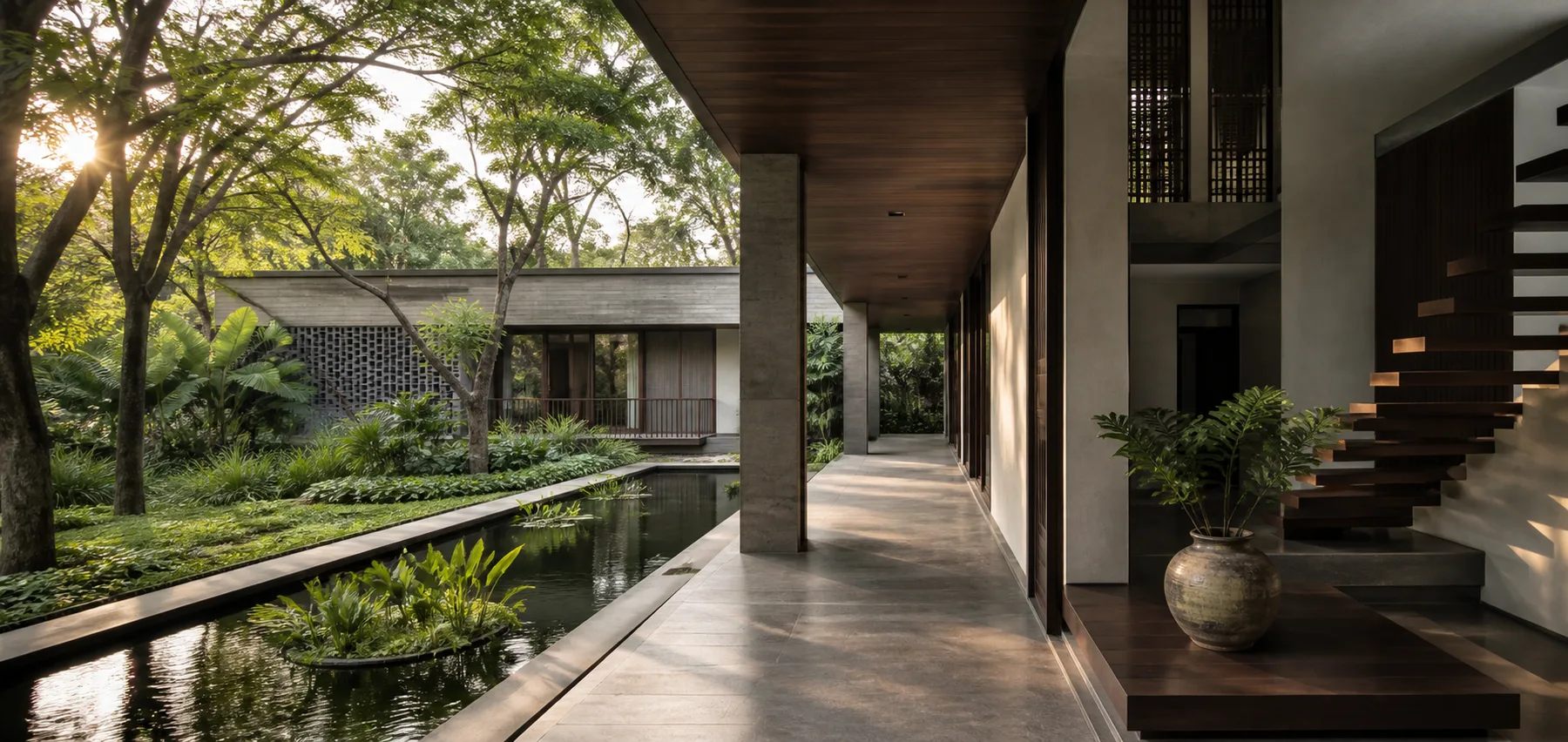 Contemporary tropical courtyard residence with a shaded verandah