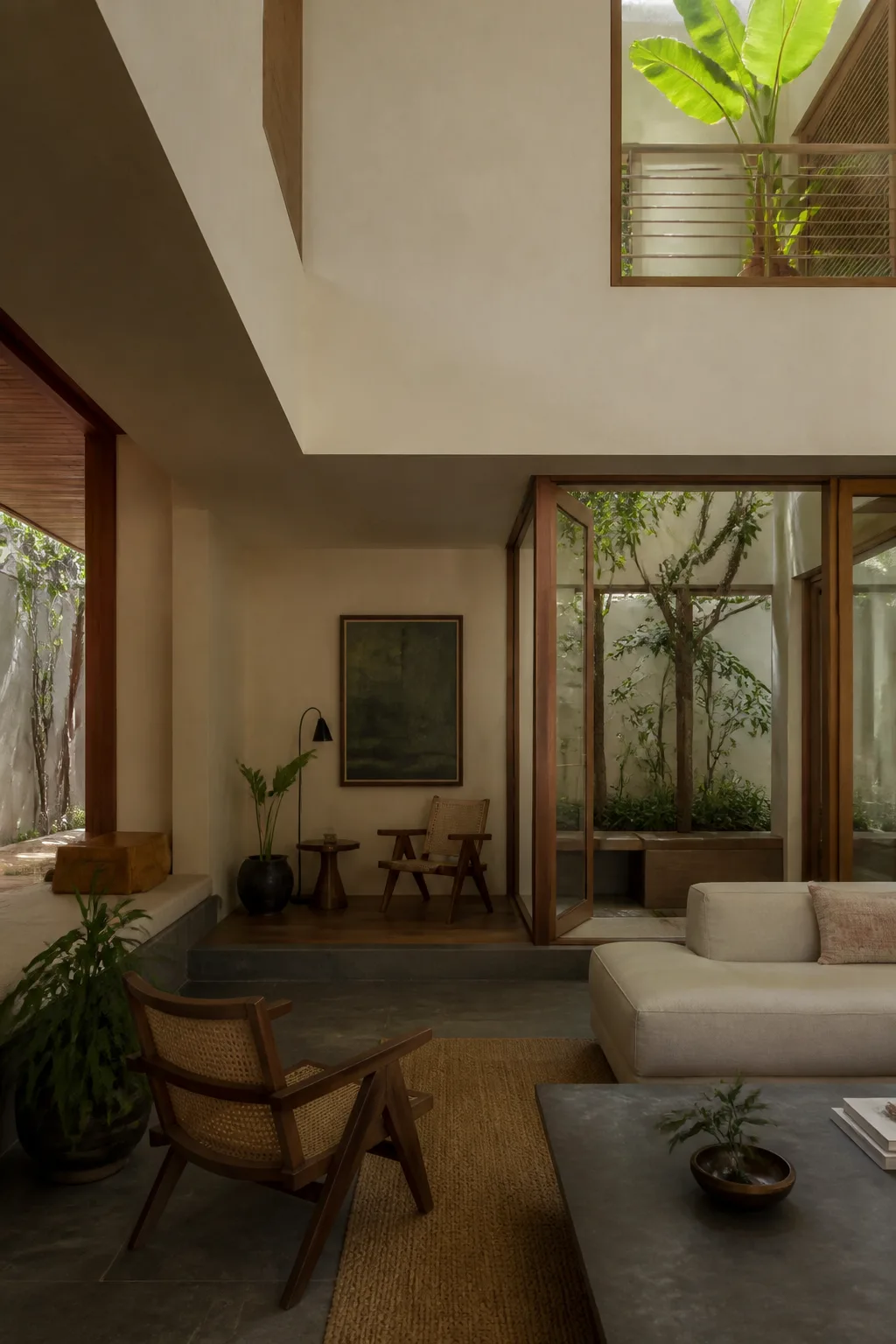 Refined interior opening into a planted courtyard